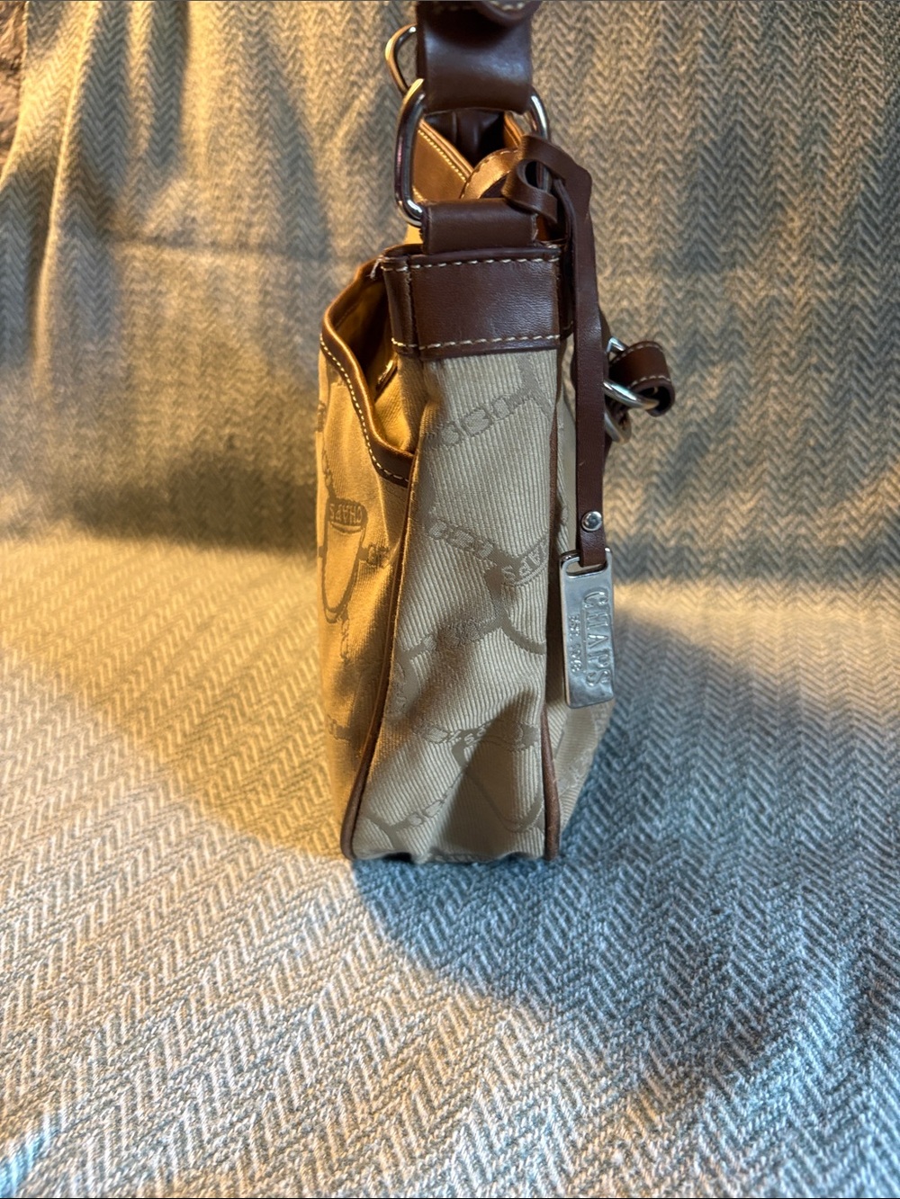 Chaps Beige Canvas Crossbody Bag with Brown Trim and Silver Toned design - Picture 5 of 9